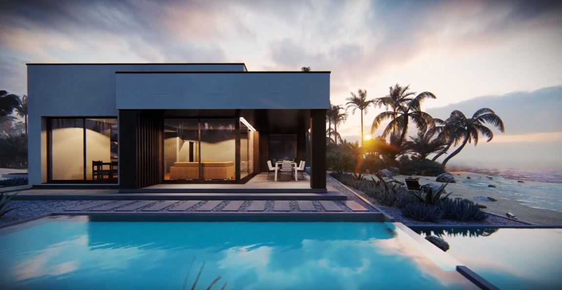animacja 3d nowoczesnego domu z palmami i plażą