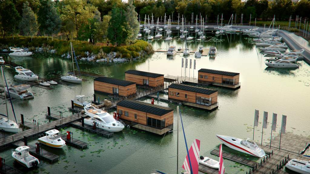 wizualizacje z drona pokazujące domy na wodzie