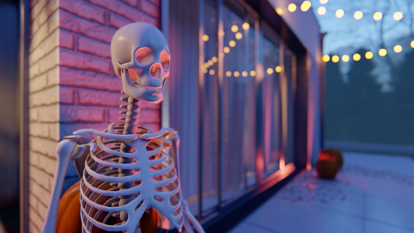 wizualizacje halloween ze szkieletem i domem