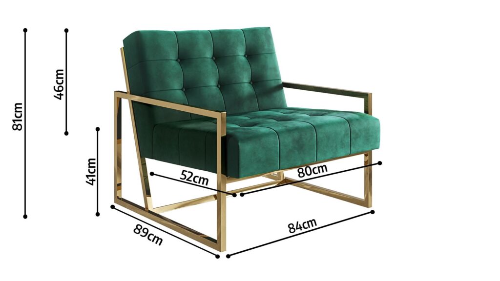 wizualizacje fotela na bialym tle z wymiarami zielony