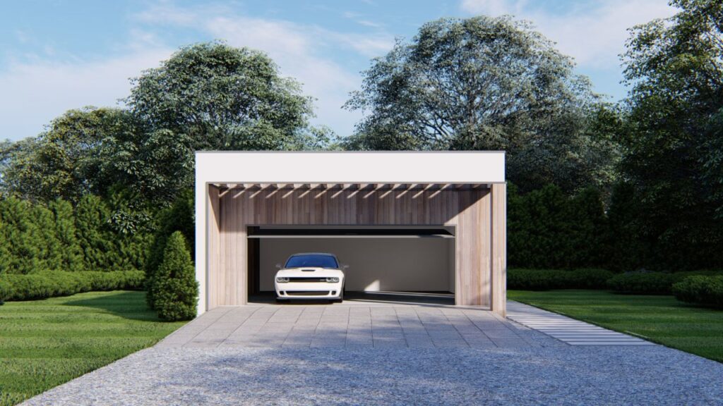 wizualizacja garażu na dwa auta płaski dach
