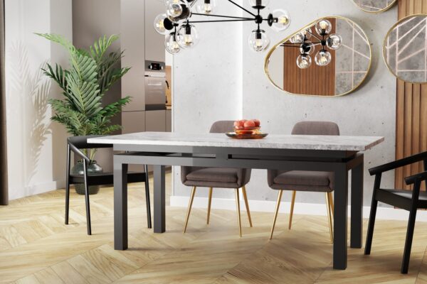 wizualizacja stołu z kamiennym blatem metalowe nogi w aranżacji salonu i kuchni jadalni