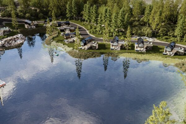 wizualizacja domów nad jeziorem z góry pokazująca taflę wody i domy nad brzegiem jeziora